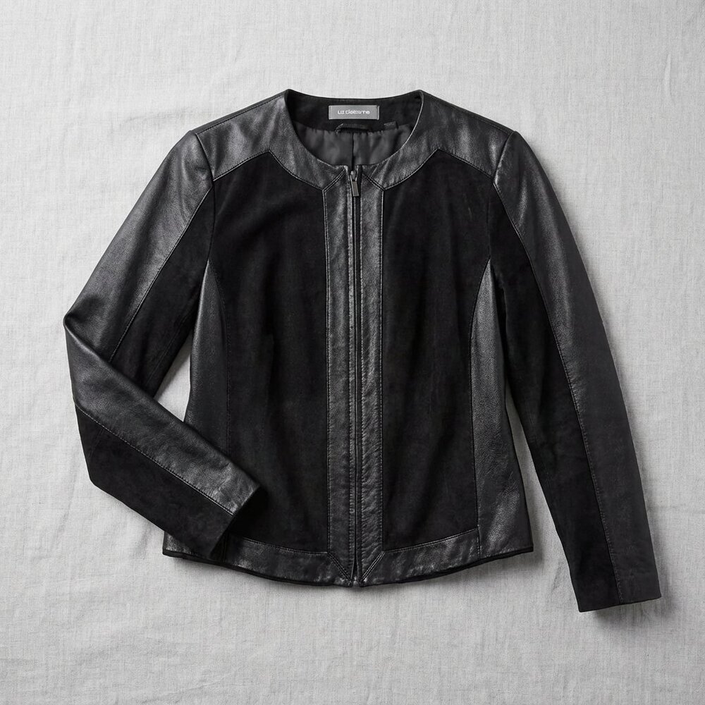 Vintage Liz Claiborne Size 10 Black Leather & Suede Mixed Media Zip Front Jacket